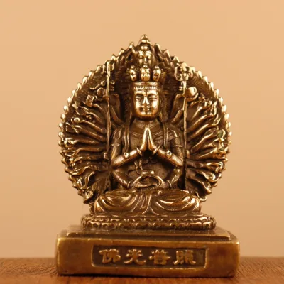 Antique Brass Thousand-hand Bodhisattva Statue Copper Yellow Double Side Guanyin Avalokitesvara Sculptures Figurine Statue