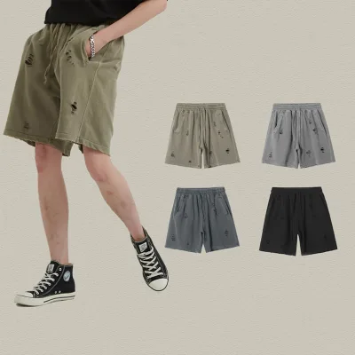 Men Summer Men High Street Shorts Drawstring Ripped Old Washed Cotton Sweat Shorts Mens Distressed Shorts