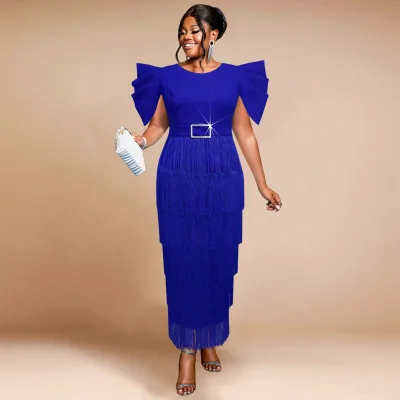 2024 Short Cap Sleeves Belt Decoration Tassel Women Long Prom Dress