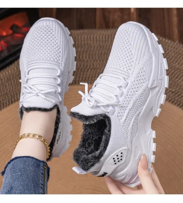 Winter Plus Velvet Warm Flying Woven Sneakers Women Non-slip Wear-resistant Breathable Lace-up Outdoor Daily Commute Casual