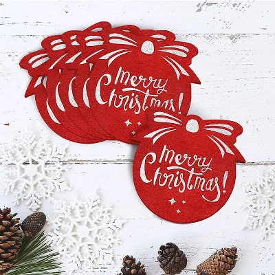 6pcs Set Red RPET Felt Christmas Cup Mat Christmas Holiday Print Coasters for Drinks