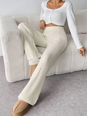 OEM Custom Women's Breathable Drawstring Cable Straight Leg Knit Pants Fall/Winter Casual White
