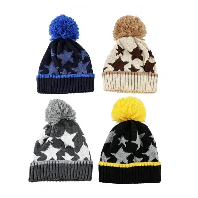 2026 Winter New Children Acrylic Beanie Outdoor Casual Star Jacquard Knitted Hat Boys Cap
