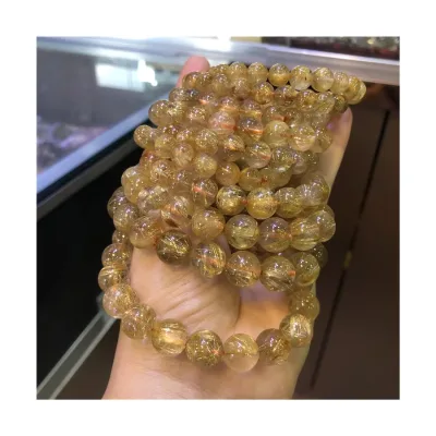 Natural Redstone Gold Rutilated Quartz8mm 10mm 12mmBall Bracelet Women's Fashion Crystal Ornament