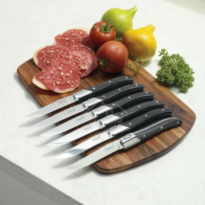 Laguiole Steak Knife Set of 6 Sharp Edge Stainless Steel Blades with Pakka Wood Handle for Cutting Presented in MDF Gift Box
