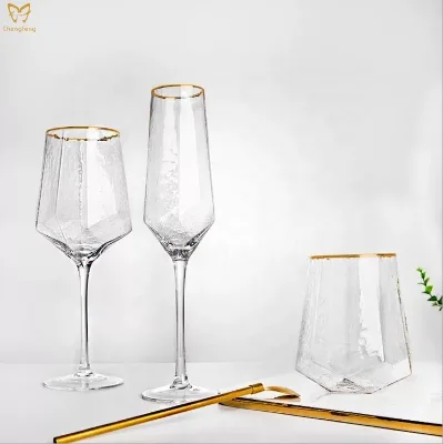 Hot Sale Japanese Design Hammered Wine Glass Stemless with Gold Rimmed Drinking Glass Set
