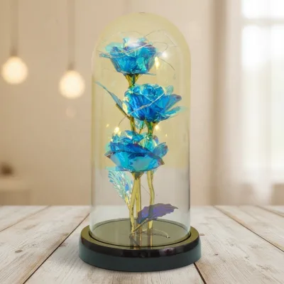 Party Valentine's Day Mother's Day LED Rose Flower Bouquet Artificial Foil Led Light up Flowers Gift in Glass Dome