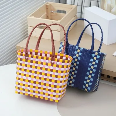 Women Handheld Grid Hand-woven Food Fruit Storage Plastic Basket Handbag Picnic Bag