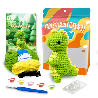 Dinosaur Crochet Kit for Beginners - Complete Craft Set with Yarn, Hook, Safety Eyes, Stitch Marker, and Step-by-Step Tutorial