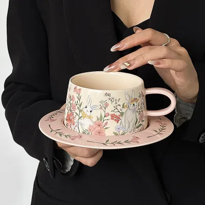 Elegant Adorable Floral Rabbit Terracotta Food Grade Coffee Cup Saucer Set for Home Decor Gifts Festive Gatherings Afternoon Tea