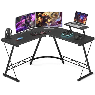 47-Inch L-Shaped Adjustable Height Gaming Desk Carbon Fiber Surface Iron Frame Cup Holder Large Monitor Stand for Home