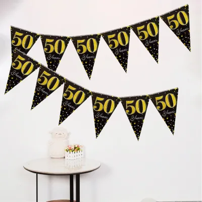 In-stock Black-and-gold 50 Years Age-themed Triangular Paper FlagsFestival Wind Birthday Party Banners for Indoor Venue