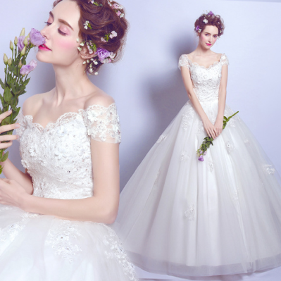 Off Shoulder Design Bridal Gown 2020 Short Sleeve Square Collar Wedding Gown