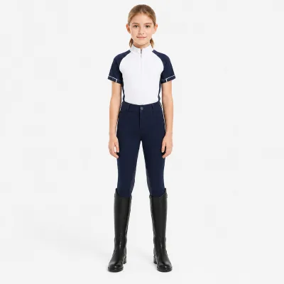 Kids Navy Blue Equestrian Polo & Breeches Set Short Sleeve Horse Riding Performance Outfit Girls Competition Wear Custom OEM
