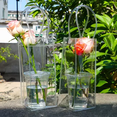 Reusable Clear Gift Bags Small Pvc Transparent Flower Bags With Handles Mini Cute Plastic Bags for Flower Shopping