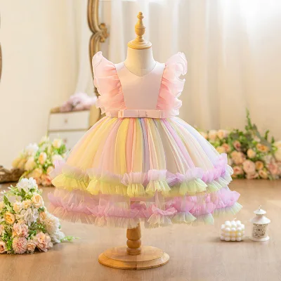 Girl Rainbow Princess Ball Dress Bow Layered Chiffon Birthday Dress Princess Dress