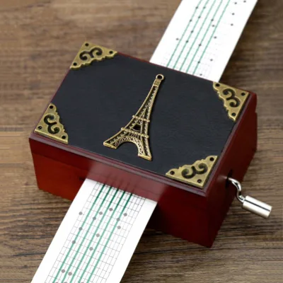 DIY 15-Tone Pine Red Oak Walnut Wood Carved Hand-Cranked Paper Music Box with Sheet Music with Mirror Creative Gift