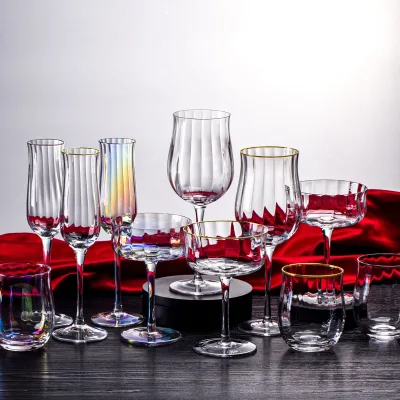 Modern Luxury Ribbed Crystal Wine Goblet Set Handmade Long Stem Glasses for Wedding Party Custom Capacity OEM