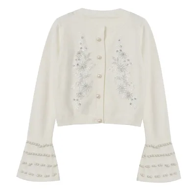 Women Cardigan Korean Fashion Knitted Beaded Sweater Single Breasted Long Sleeve O-neck Cotton Embroidery Cardigan