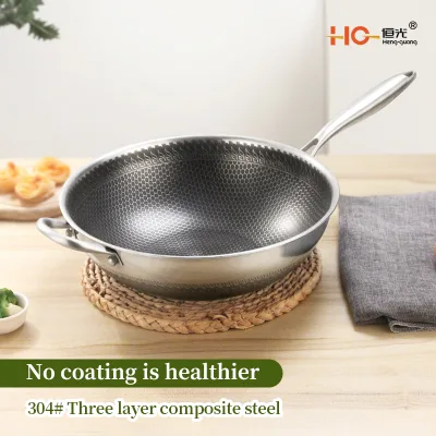 34cm Double-handle Double-sided Stainless Steel Induction Ready 6L Capacity High Quality Stainless Steel Honeycomb Wok Pan