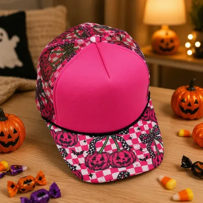 5 Panel Halloween Pumpkin Hot pink Checkerboard Printed Foam Front Mesh Trucker Hat with Custom logo