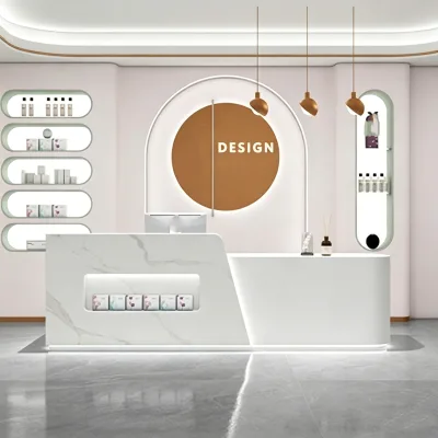 CR185 Modern Artistic Curved Salon Reception Desk High Gloss MDF Hospital Display Compartment Nail Salon Hairdressing Shop