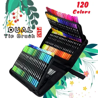 Glitter 120 Colors Brush Pens Dual Brush Fine Tip Drawing Pens Water Based Coloring Markers with Carry Case
