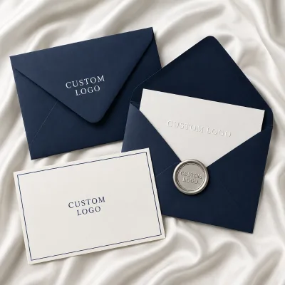 Premium Navy Blue Custom Logo Envelope With Silver Wax Seal and Blind Embossed Flap for Wedding Invitation