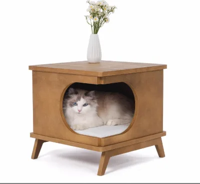 Sturdy Solid Large Luxury Eco-friendly Wooden Cat Bed with Cushion Sleep Furniture Beside Table for Indoor Cats All Seasons