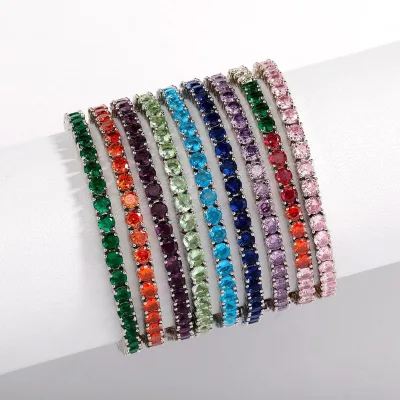 4mm Iced Out Single Row Colorful CZ Tennis Bracelet Brass Rhodium Plated Fashion Jewelry for Women Gift