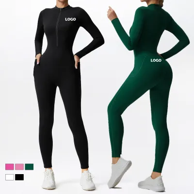 Women Plus Size Compression Soft Long Sleeve Stretchy Front Zipper Lightweight Yoga Jumpsuit