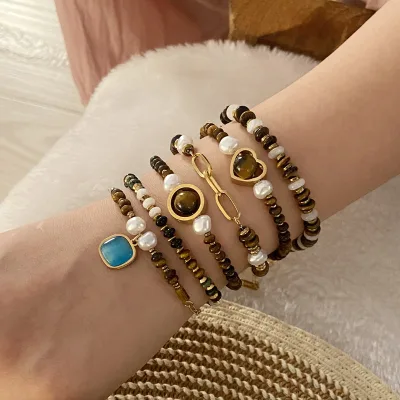 SL40036 Custom Stainless Steel Tiger Stone Bracelet Heart Shape Pearl Blue Gem Girl Charms Korea Light Luxury Gold Bead Jewelry