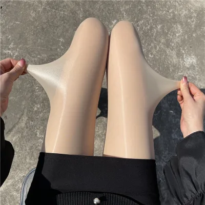 Women's Breathable Sheer Reflective Shiny Knitted High Waist Control Top Silk Pantyhose Silky Stockings