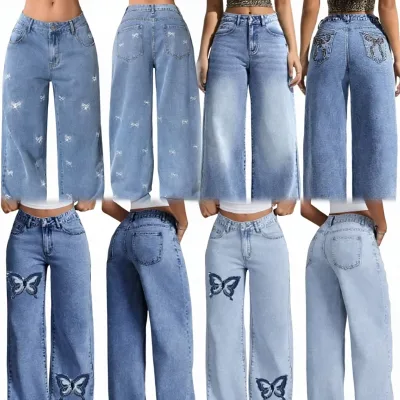 Vintage High Street Patchwork Pocket Flared Jeans Spicy Style High Waist Slim Fit Wide Leg Pants in Stock Wholesale Price