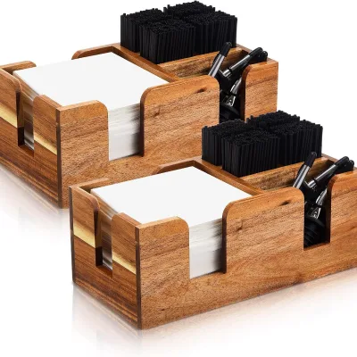 Serving Wood Paper & Condiments Holder Wood Table Caddy with Napkin Holder & Storage for Salt Pepper Shakers
