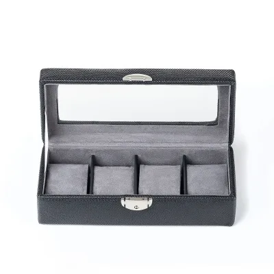 Wholesale Black Rectangle Multifunction 4-Slot Genuine Leather Custom Logo Watch Organizer Box HX#10488