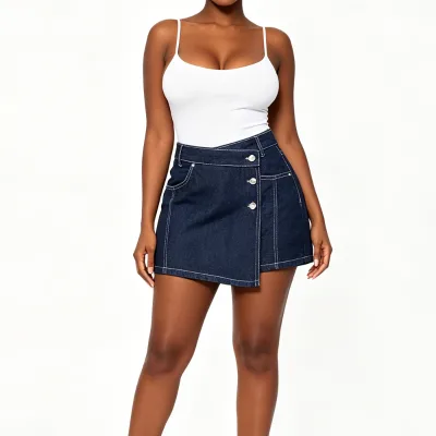 High Waist Denim Skorts for Women Vintage Double Breasted Jean Shorts Casual Asymmetric Summer Shorts with Button Decor