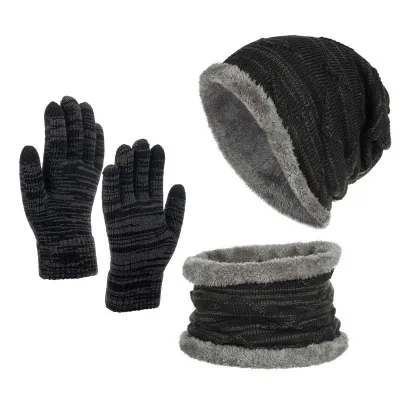 3 Pcs/Set High Quality Winter Thicken Plush Hook Knitted Pile Hat Men's Beanies Hat Scarf and Gloves Set