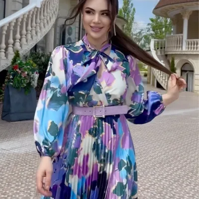 Spring European Station's New Casual Midi Dress with Floral Pattern Puff Sleeve Scarf Collar Waist Printed Design