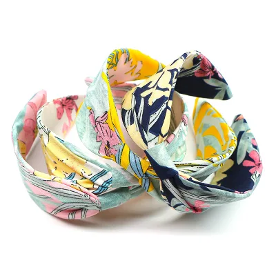Korea OEM Trendy Summer Hairband Vintage Hair Bands Bows Custom Fancy Floral Print Headbands Elastic Hair Band Accessories