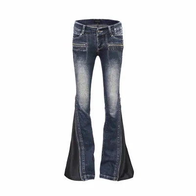 OEM Factory Vintage Washed Flare Denim Pants Custom Women Low Waist Zip Pocket Split Hem Jeans Y2K Fashion Outfits