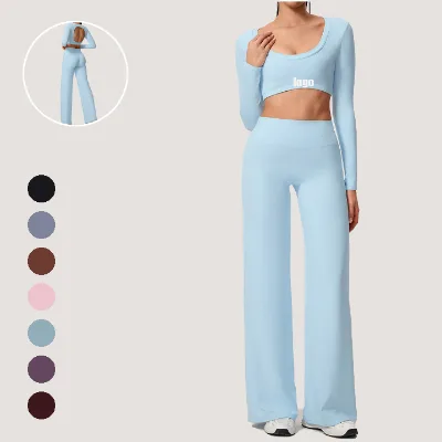 Wholesale Solid Breathable Elastic Waist Long Sleeve Padded Tank Top Yoga Set with Front Logo Loose Fit
