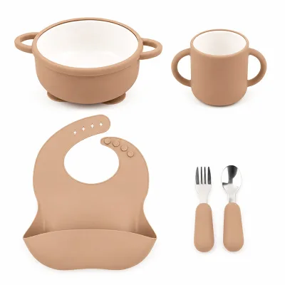 Baby Anti Fall Anti Hot Feeding Set Ceramic Inner Silicone Tableware Toddler Training Spoon Fork Bowl Cup Bib Custom Factory