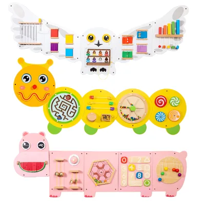 Daycare Playroom Furniture, Owl & Caterpillar & Hippo Montessori Learning Busy Board, Educational Sensory Wall Panels & Boards