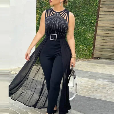 New Design Bling Crystal Sparkles Diamond Long Tassel Slim Hip Cut Out Bodycon Jumpsuit Rompers