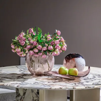 Hand Blown Smoky Pink Cloud Swirl Texture Glass Vase Set Spherical Vase & Crescent Fruit Tray Murano Modern Luxury Home Decor