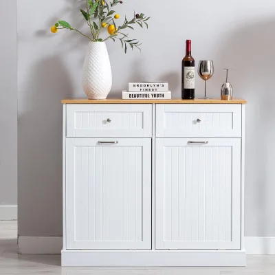 Double Tilt Out Trash Cabinet 20 Gallon Freestanding Wooden Kitchen Trash Recycling Cabinet with Drawer& Removable Cutting Board