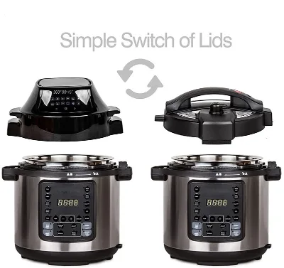 Duet Air Fryer Electric Pressure Cooker & Grill Combo Multicooker with 2 Removable Lids Slow Cook