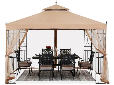 10x10 FT Outdoor Waterproof Patio Gazebo Double Tier Hardtop Backyard Garden Canopy Tent with Mosquito Netting