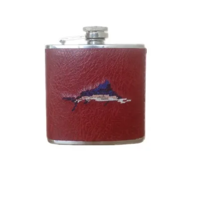 Needlepoint Leather Hip Flask with 5oz Stainless Steel Body